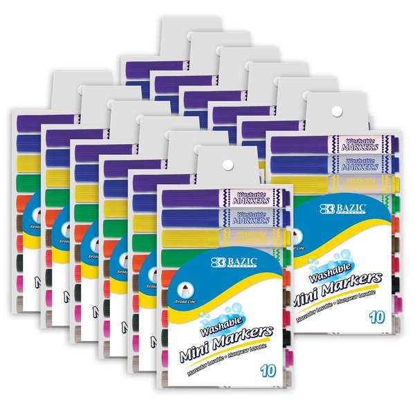 Bazic Products Washable Markers, Mini, Broad Line, 10 Colors Per Set, 120PK 1220
